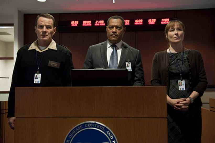 Bryan Cranston as Lyle Haggerty, Laurence Fishburner as Dr. Ellis Cheever and Jennifer Ehle as Dr. Ally Hextall in ``Contagion.''