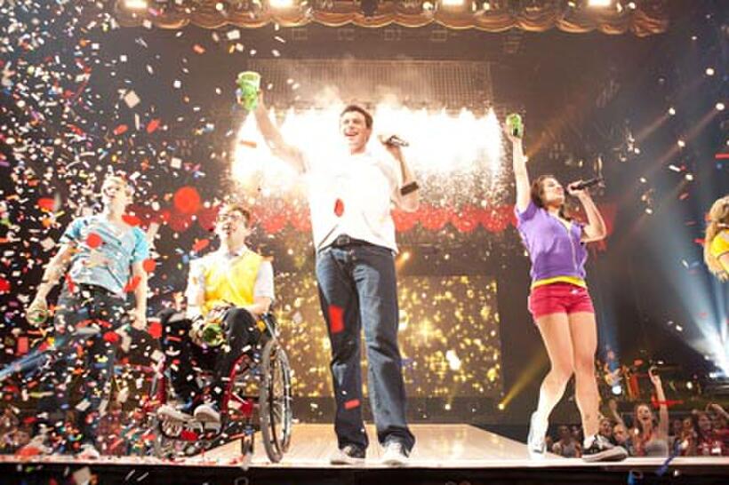 Chord Overstreet as Sam Evans, Kevin McHale as Artie Abrams, Cory Monteith as Finn Hudson and Lea Michele as Rachel Berry in ``Glee: The 3D Concert Movie.''