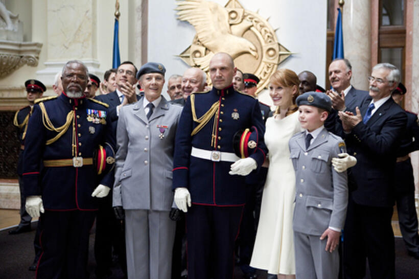 John Kani as General Cominius, Vanessa Redgrave as Volumina, Ralph Fiennes as Caius Martius, Jessica Chastain as Virgilia and Henry Fenn as Young Martius in "Coriolanus."