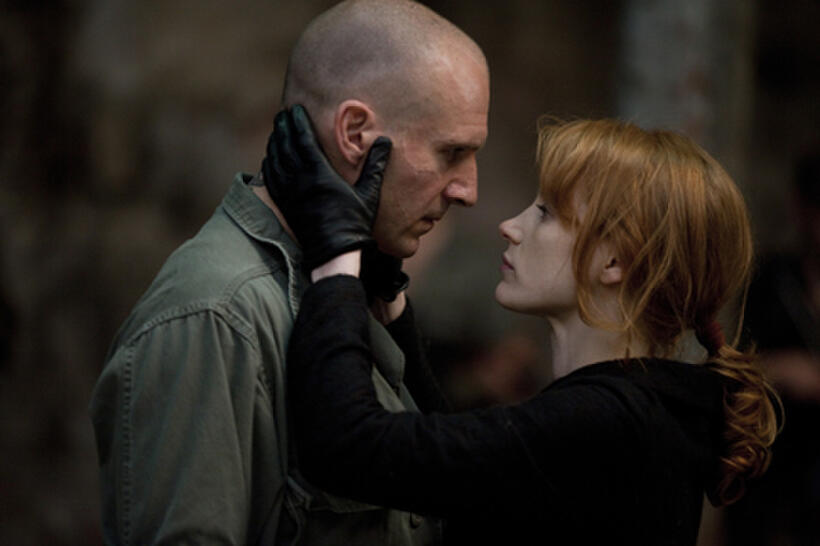 Ralph Fiennes as Caius Martius and Jessica Chastain as Virgilia in "Coriolanus."