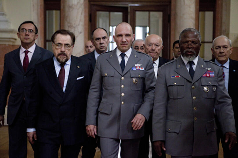 Brian Cox as Menenius, Ralph Fiennes as Caius Martius and John Kani as General Cominius in "Coriolanus."