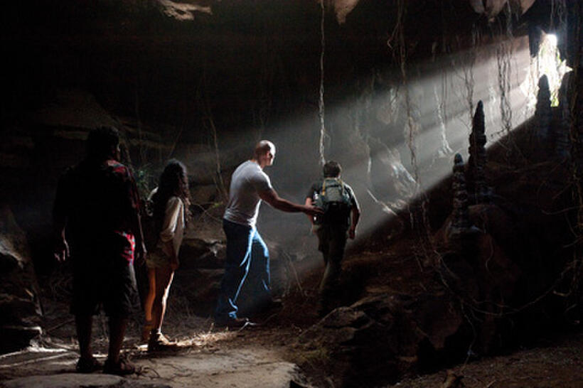 Luis Guzman as Gabato, Vanessa Hudges as Kailani, Dwayne Johnson as Hank and Josh Hutcherson as Sean in ``Journey 2: The Mysterious Island.''