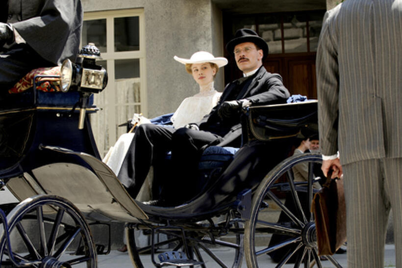 Sarah Gadon as Emma Jung and Michael Fassbender as Carl Jung in ``A Dangerous Method.''