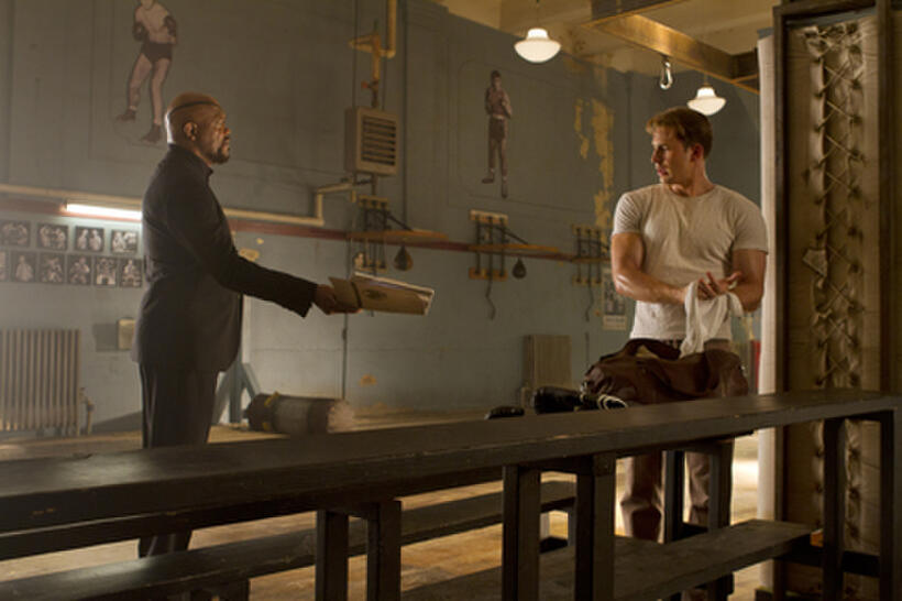 Samuel L. Jackson as Nick Fury and Chris Evans as Steve Rogers in ``The Avengers.''