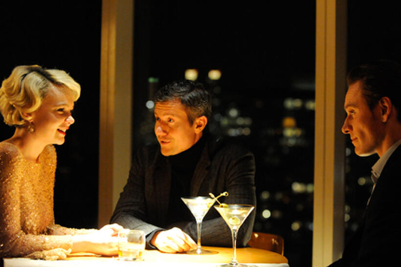 Carey Mulligan as Sissy,  James Badge Dale as David and and Michael Fassbender as Brandon in "Shame.''