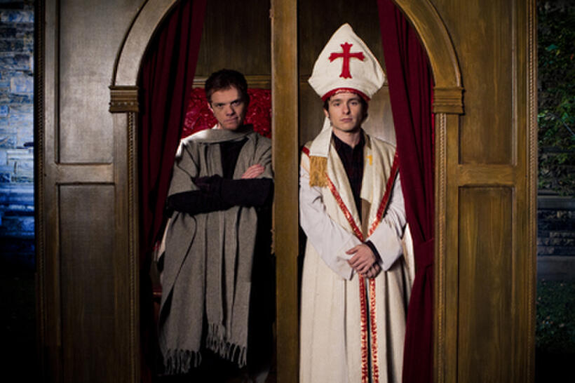 Justin Welborn as The Pope and Marshall Allman as Donald Miller in ``Blue Like Jazz.''