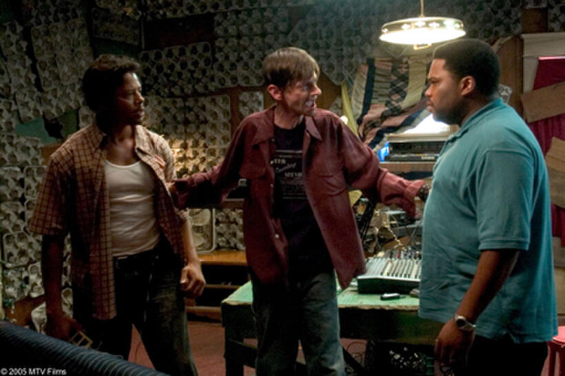 Terrence Howard as DJay, DJ Qualls as Shelby and Anthony Anderson as Key in a scene set in a makeshift recording studio in "Hustle & Flow."