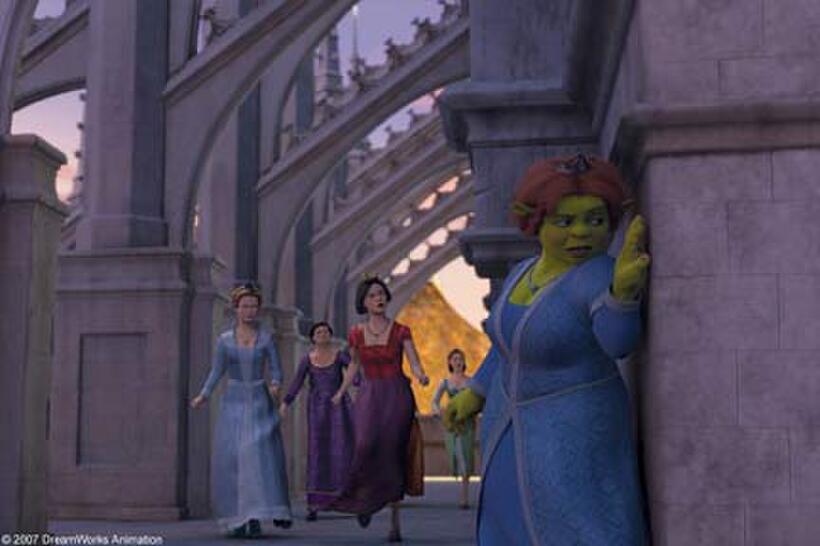 Princess Fiona (Cameron Diaz) along with obsessive-compulsive Cinderella (Amy Sedaris), Doris, the Ugly Stepsister (Larry King), prissy-but-sarcastic Snow White (Amy Poehler) and narcoleptic Sleeping Beauty (Cheri Oteri) in "Shrek the Third."