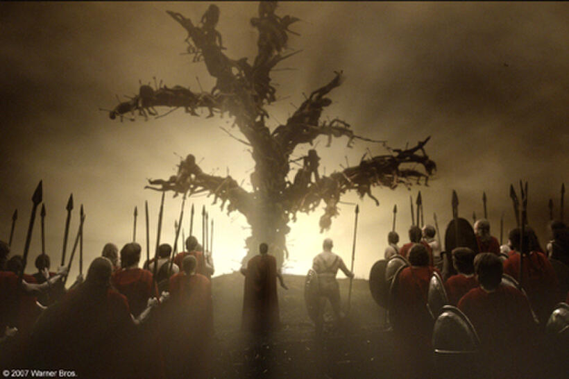 Leonidas (Gerard Butler), Daxos (Andrew Pleavin) and their combined forces discover the remains of villagers in "300."