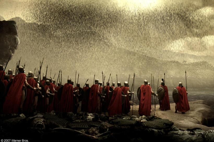 Thousands of Persian's arrows race through the golden sky towards the Spartans in "300."