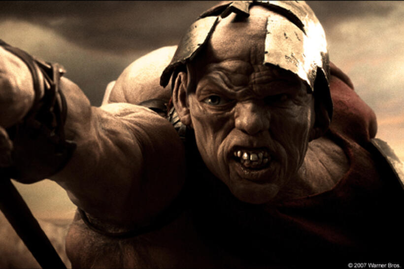 The misshapen Ephialtes (Andrew Tiernan), spirited away from Sparta by his parents before inspection, displays his skill with a spear in "300."