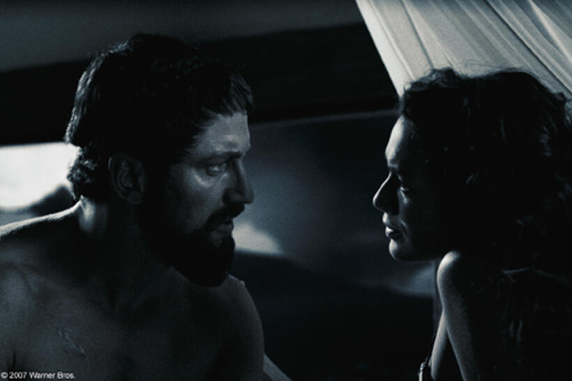 Leonidas (Gerard Butler) seeks the counsel of his wife and queen, Gorgo (Lena Headey), in "300."