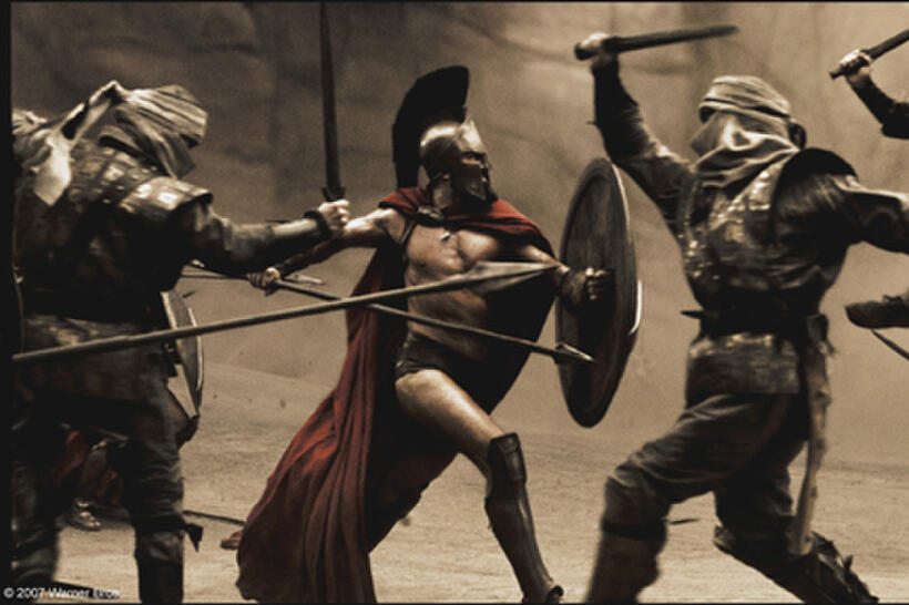 Leonidas (Gerard Butler) fights his way through the first wave of Persian infantry in "300."