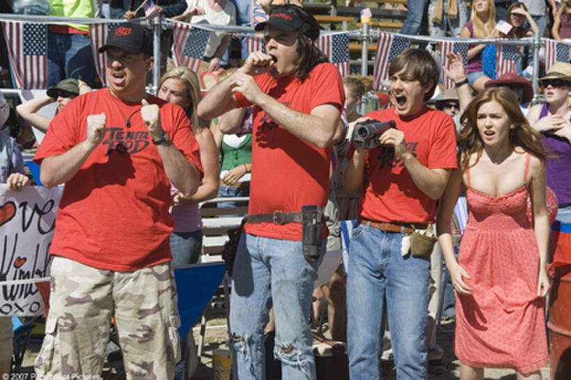 Rico (Danny McBride), Dave (Bill Hader), Kevin Powell (Jorma Taccone) and Denise (Isla Fisher) watch in horror at another stunt gone awry in "Hot Rod."