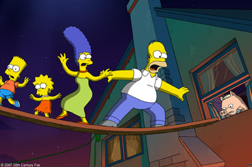 The Simpsons make a narrow escape from their besieged home – while Homer’s new pet pig lags behind in "The Simpsons Movie."