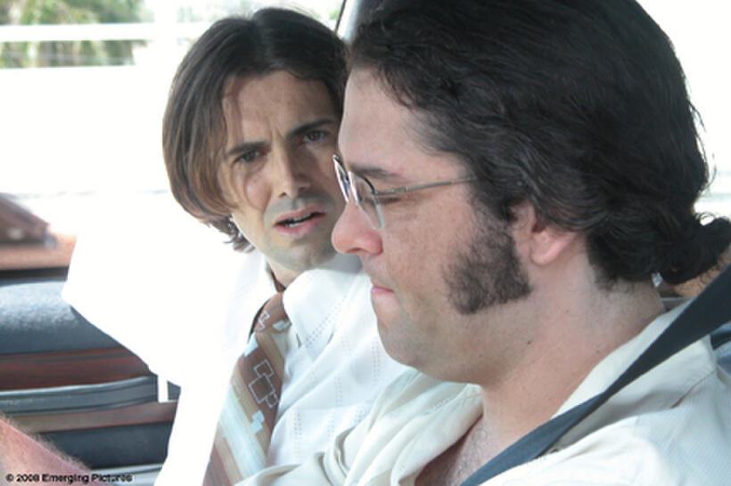 Alby (Matt McGrath, left) and his former childhood friend Elias (Judah Friedlander, right) exchange insults after nearly driving off a drawbridge in "Full Grown Men."