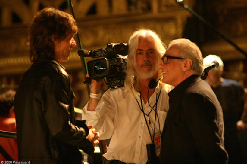 Mick Jagger, director of photography Robert Richardson, ASC and director Martin Scorsese on the set of "Shine a Light."