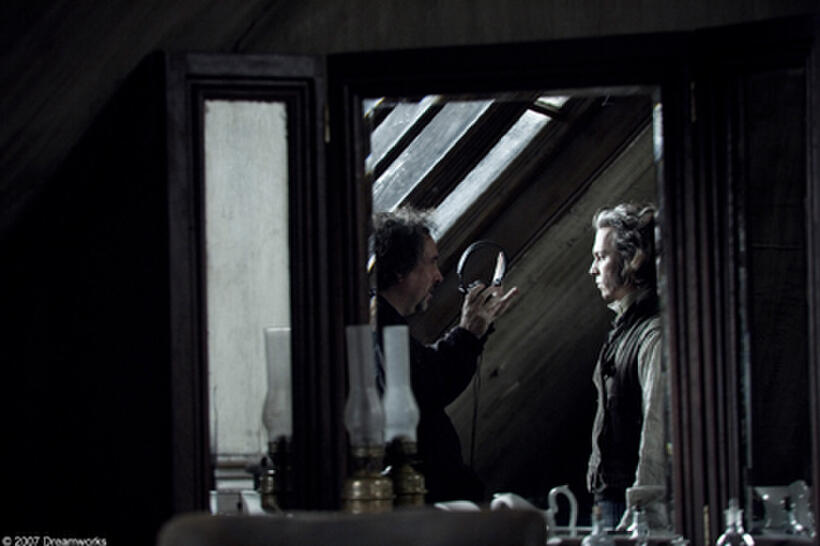 Director Tim Burton and Johnny Depp on the set of "Sweeney Todd: The Demon Barber of Fleet Street."