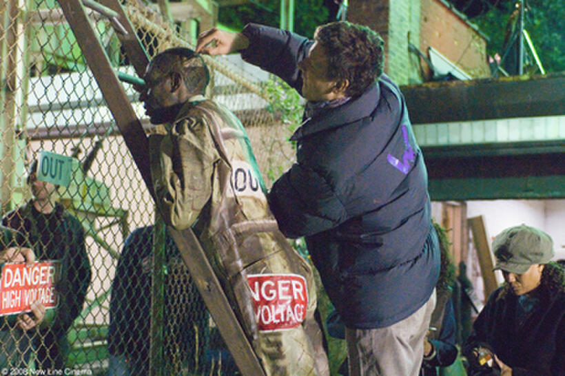 Mos Def and director Michel Gondry on the set of "Be Kind Rewind."