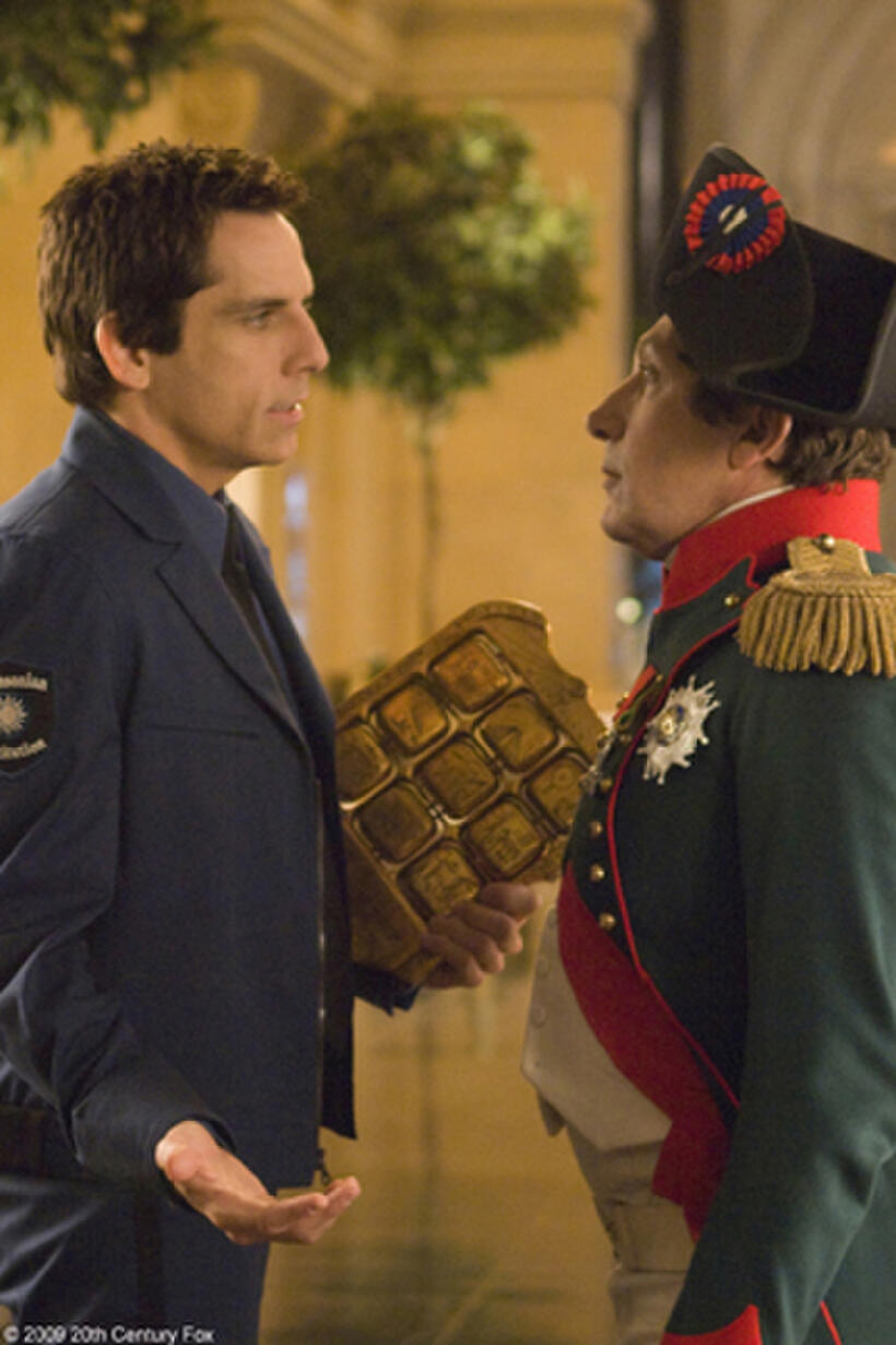 Ben Stiller as Larry Daley and Alain Chabat as Napoleon in "Night at the Museum: Battle of the Smithsonian."