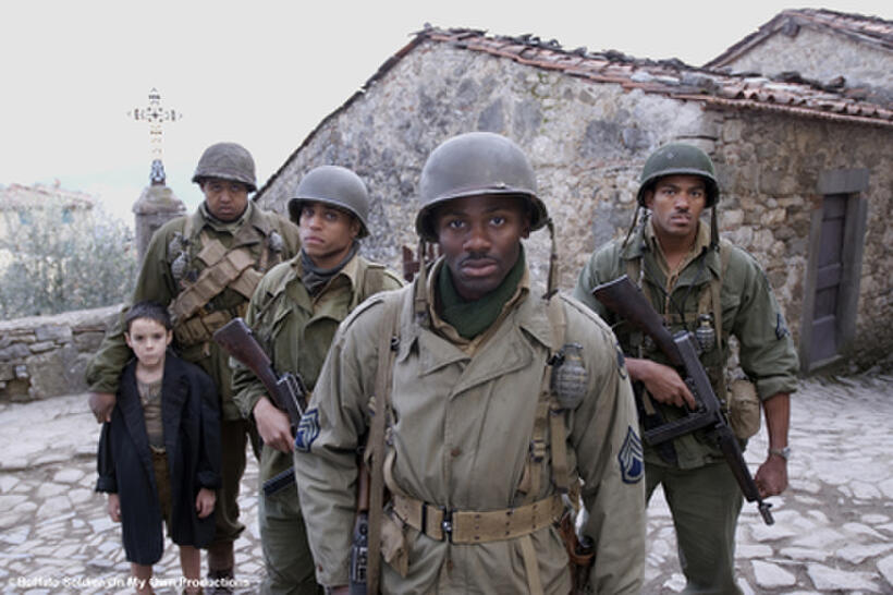 Matteo Sciabordi as Angelo, Omar Benson Miller (behind Matteo) as Sam, Michael Ealy as Bishop, Derek Luke (forefront) as Aubrey, Laz Alonso as Hector in "Miracle at St. Anna."