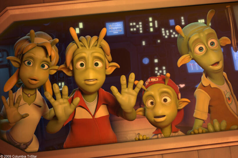 Neera (voiced by Jessica Biel), Lem (voiced by Justin Long), Eckle (voiced by Freddie Benedict) and Skiff (voiced by Seann William Scott) in "Planet 51."