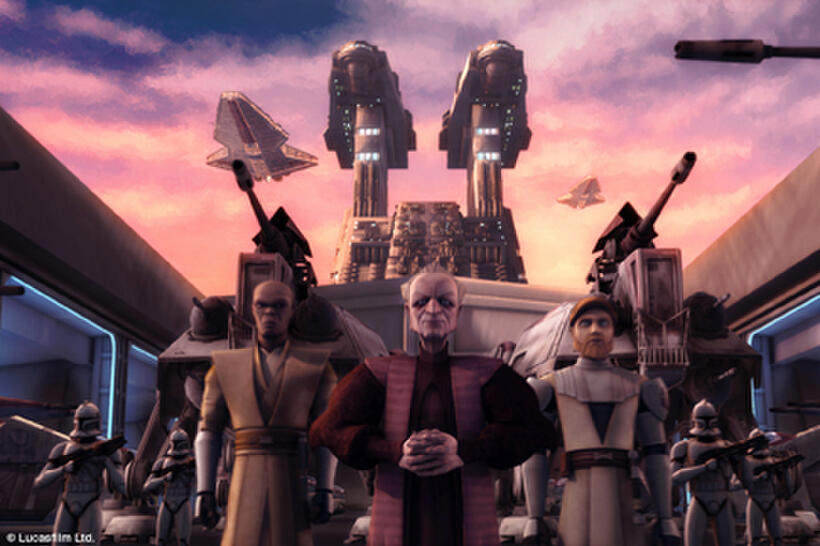 Mace Windu, Obi-Wan Kenobi in tow and Palpatine in "Star Wars: The Clone Wars."