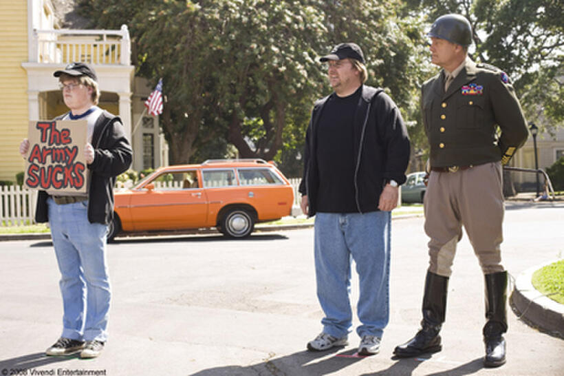 Kevin Farley as Michael Malone (middle) and Kelsey Grammer as Gen. George Patton in "An American Carol."