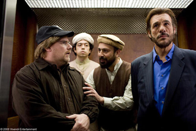 Kevin Farley as Michael Malone, Robert Davi as Aziz and in the back Geoffrey Arend as Mohammed and Serdar Kelsin as Ahmed star in "An American Carol."