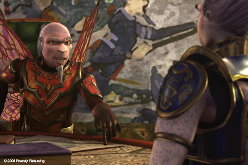 Raius (voice of Malcolm McDowell) confronts Bogardus (voice of Val Kilmer) in "Delgo."