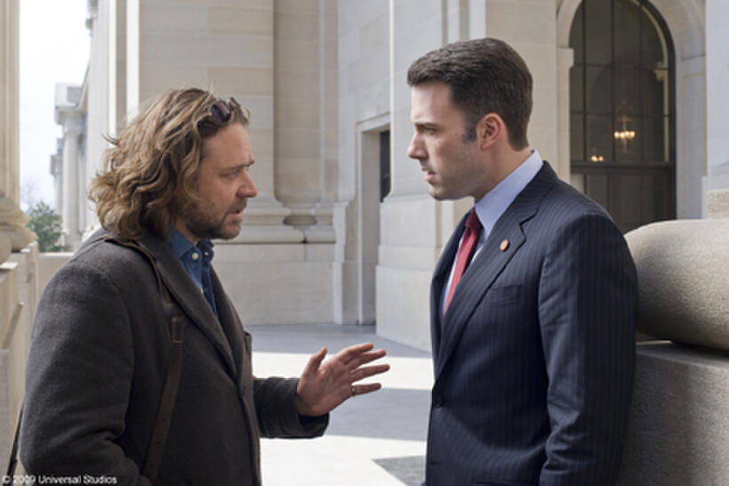 Russell Crowe as Cal McCaffrey and Ben Affleck as Congressman Stephen Collins in "State of Play."