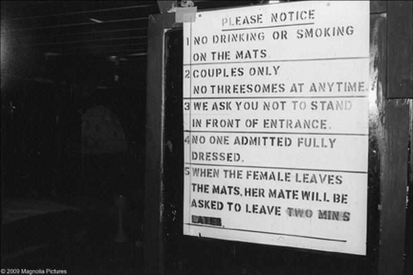 Rules posted outside the mattress room at Plato's Retreat in "American Swing."