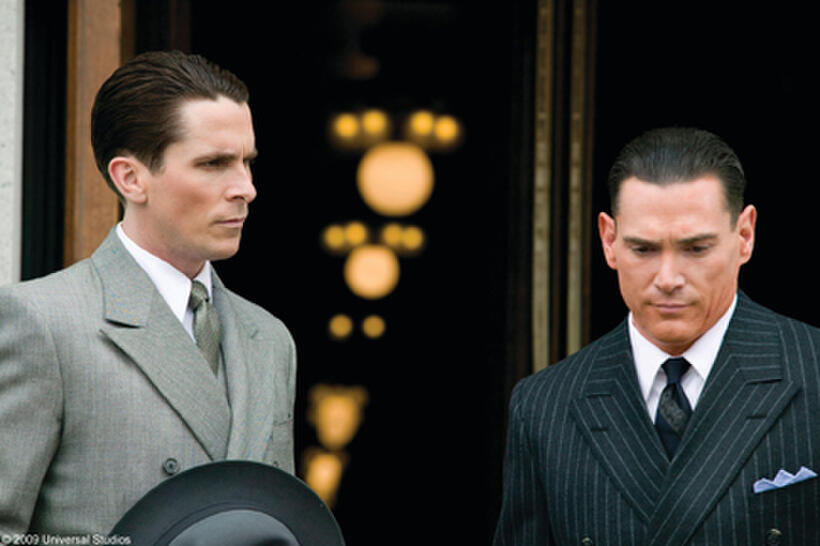 Christian Bale as Melvin Purvis and Billy Crudup as J. Edgar Hoover in "Public Enemies."