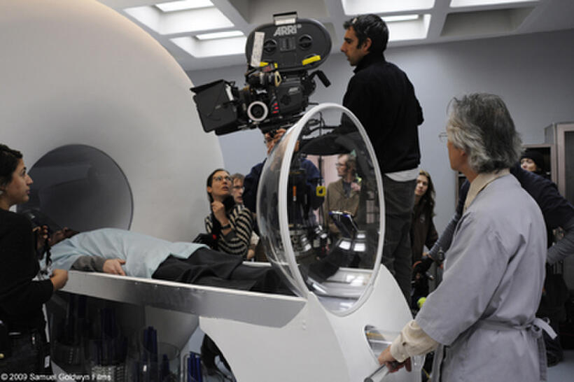 Paul Giamatti, director-writer Sophie Barthes, cinematographer-producer Andrij Parekh and David Strathairn on the set of "Cold Souls."
