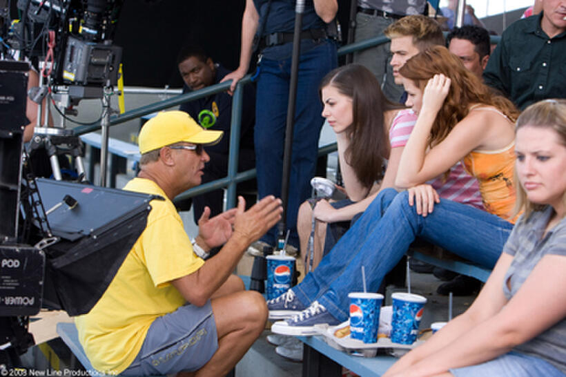 Director David R. Ellis and cast on the set of "The Final Destination."