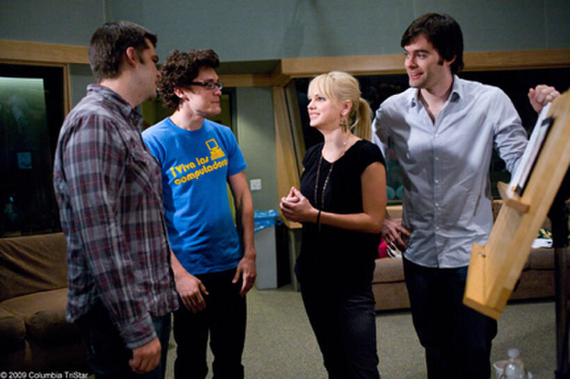 Cast members Anna Faris and Bill Hader on the set of "Cloudy With a Chance of Meatballs."