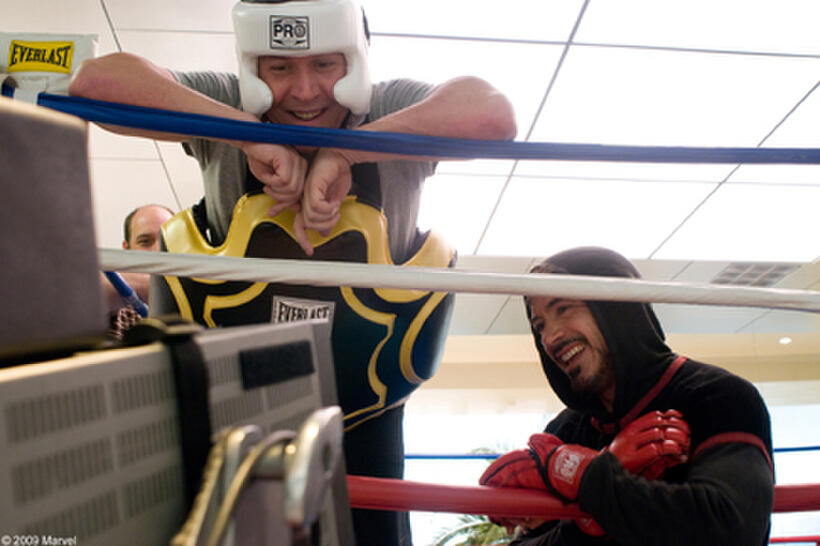Director Jon Favreau and Robert Downey Jr. on the set of "Iron Man 2."