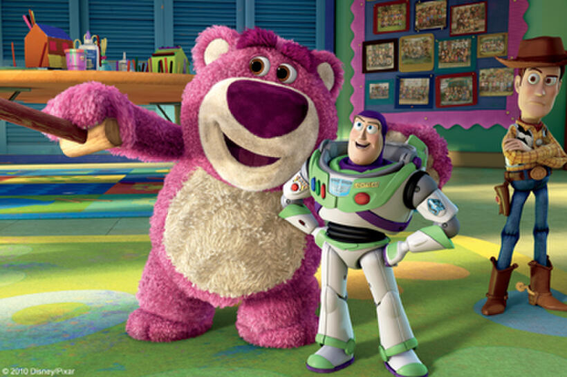 Lots-o'-Huggin' Bear, Buzz Lightyear and Woody in "Toy Story 3."