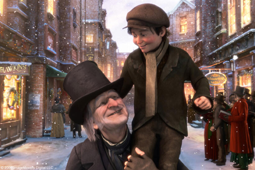 Ebenezer Scrooge (voice of Jim Carrey) and Tiny Tim (voice of Gary Oldman) in "Disney's A Christmas Carol."