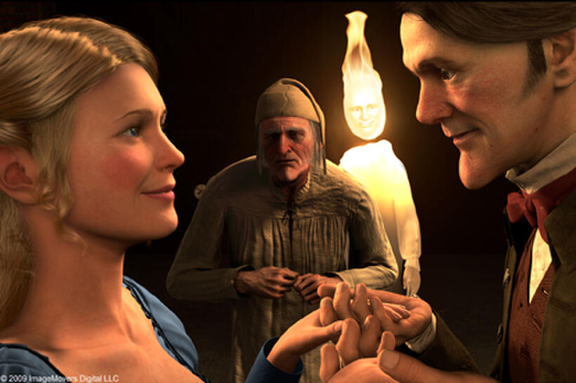 Belle (voice of Robin Wright Penn), old Ebenezer Scrooge and young Ebenezer Scrooge (voice of Jim Carrey) in "Disney's A Christmas Carol."