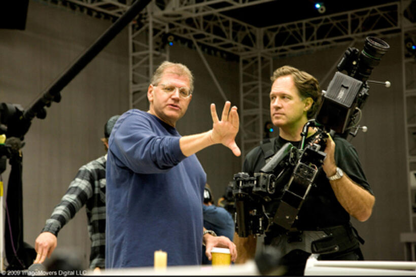 Writer-director-producer Robert Zemeckis and cinematographer Robert Presley on the set of "Disney's A Christmas Carol."