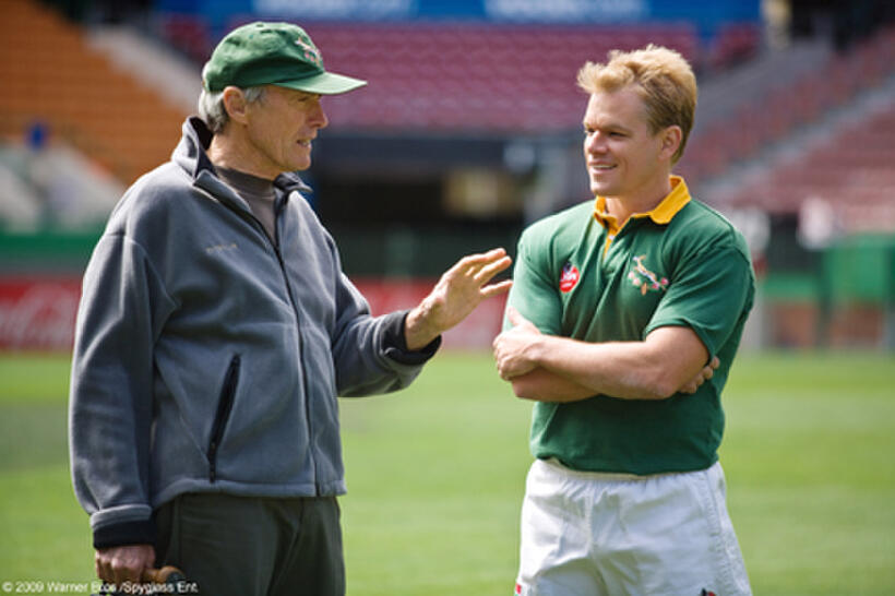 Director Clint Eastwood and Matt Damon on the set of "Invictus."