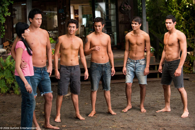 Tinsel Korey as Emily, Chaske Spencer as Sam, Tyson Houseman as Quil, Bronson Pelletier as Jared, Kiowa Gordon as Embry and Alex Meraz as Paul in "The Twilight Saga: Eclipse."