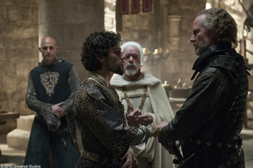 Mark Strong as Godrey, Oscar Isaac as Prince John and William Hurt as William Marshal in "Robin Hood."