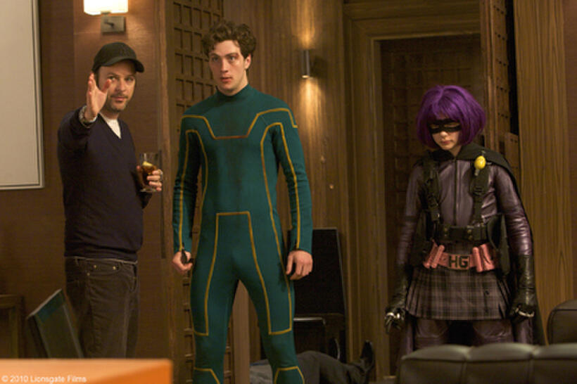 Filmmaker Matthew Vaughn, Aaron Johnson and Chloe Grace Moretz on the set of "Kick-Ass."