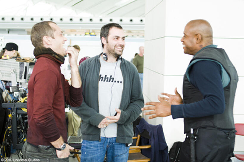 Jude Law, director Miguel Sapochnik and Forest Whitaker on the set of "Repo Men."
