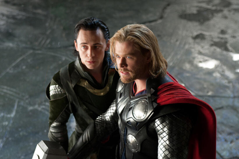 Tom Hiddleston as Loki and Chris Hemsworth as Thor in "Thor."