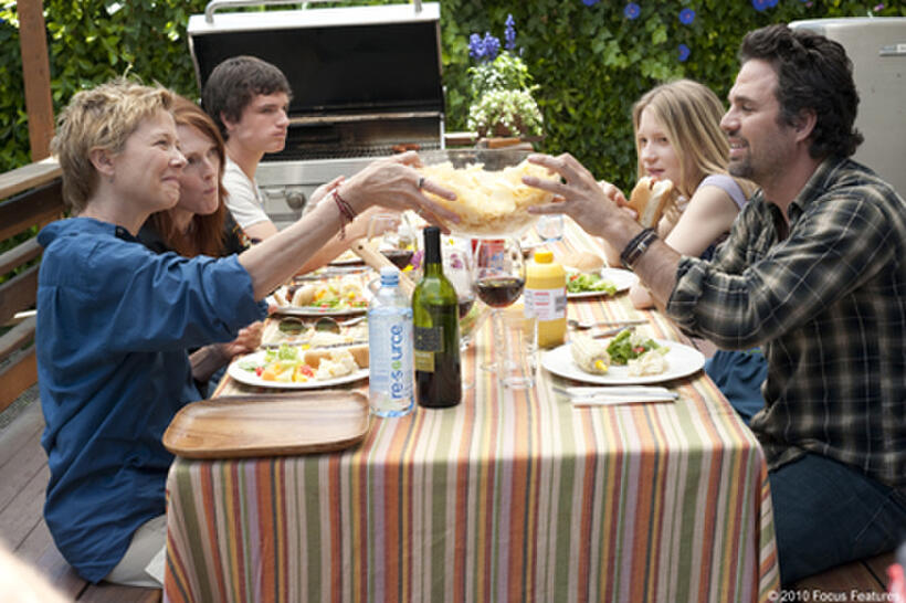 Annette Bening as Nic, Julianne Moore as Jules, Josh Hutcherson as Laser, Mia Wasikowska as Joni and Mark Ruffalo as Paul in "The Kids Are All Right."