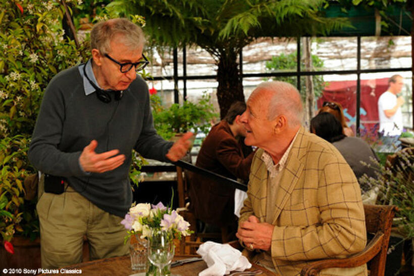 Director Woody Allen and Anthony Hopkins on the set of "You Will Meet a Tall Dark Stranger."
