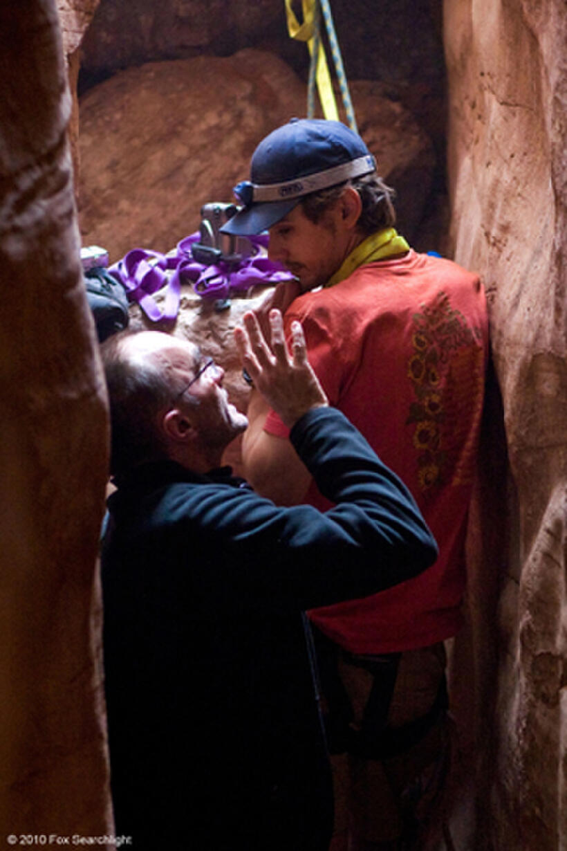 Director Danny Boyle and James Franco on the set of "127 Hours."